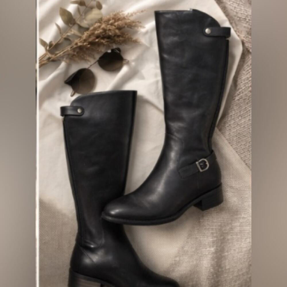 Born Black Leather Knee-High Riding Boots Size 6.5 | Side Zip Buckle Detail